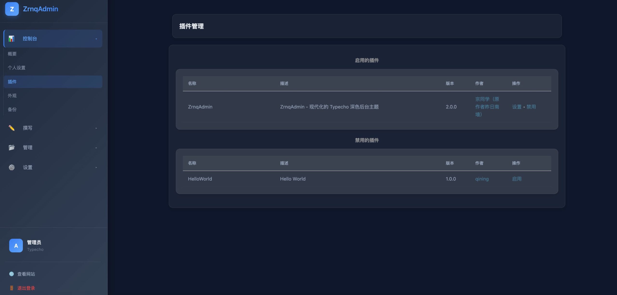 图片[2] - Typecho 插件 - ZrnqAdmin 后台美化插件 _ 修复版
